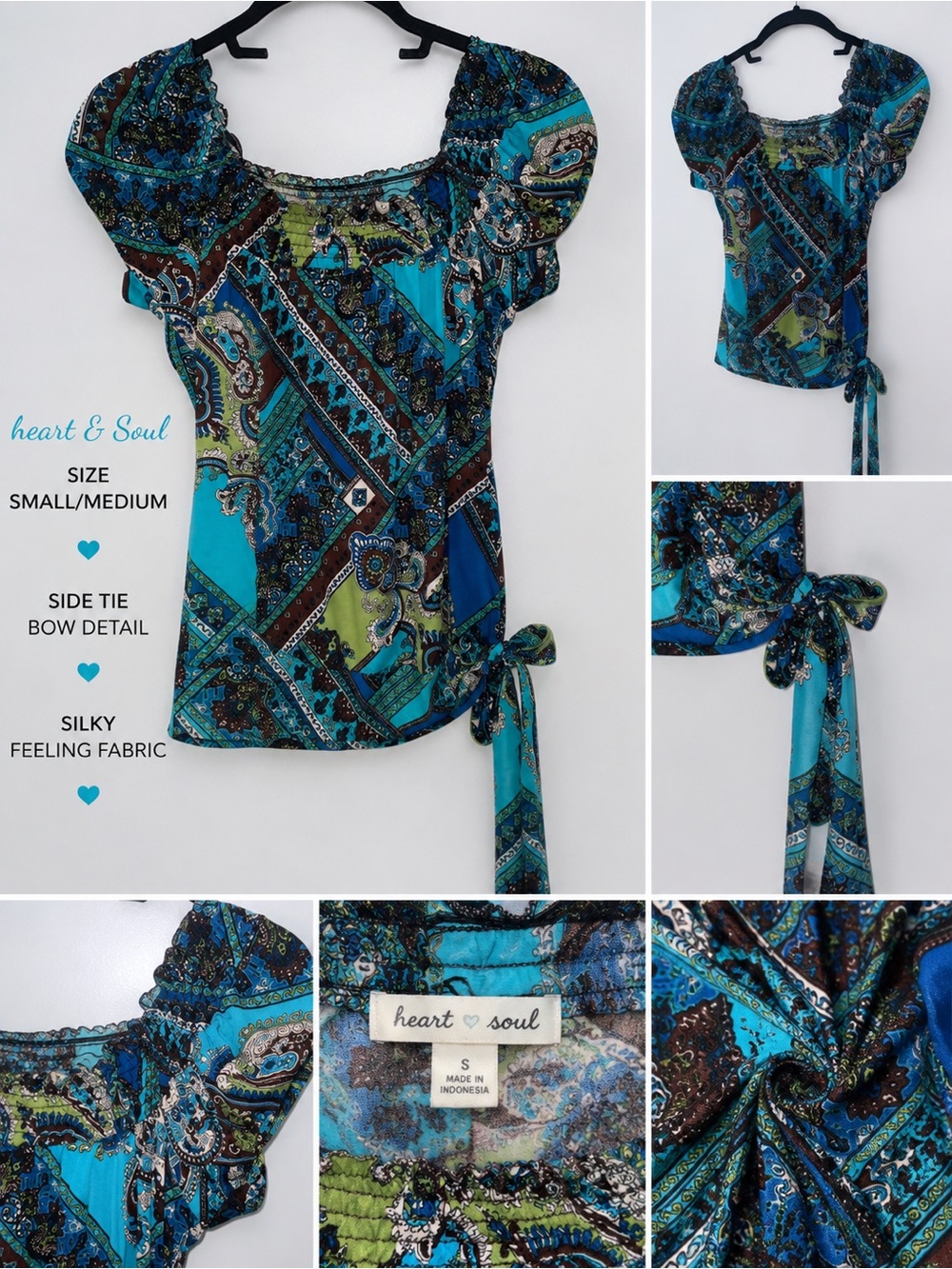 Heart Soul Teal Paisley Side-Tie Puff Sleeve Top SZ SML